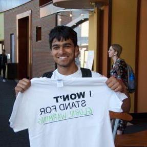 Shankar Mani ’18 stands up against global warming. 